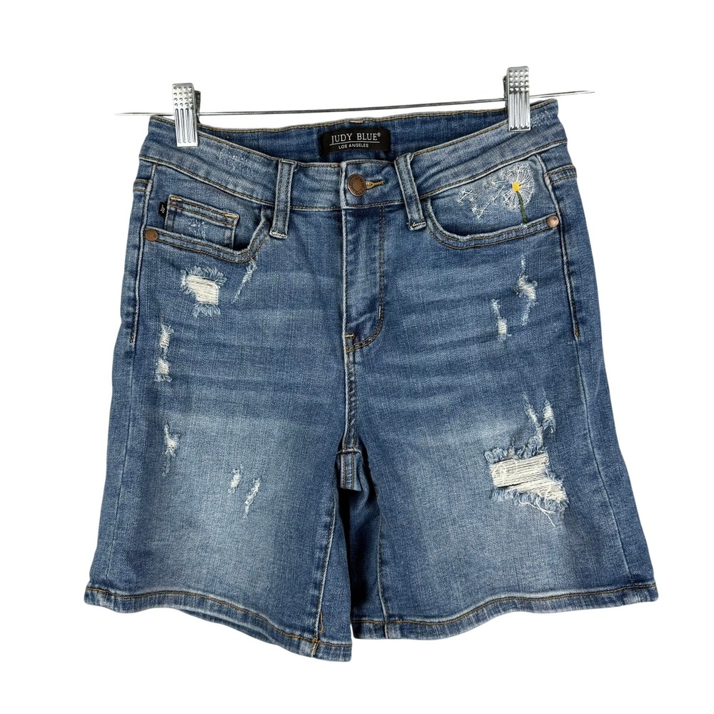 Judy Blue Womens‎ Small Shorts Blue Distressed Dandelion Embroidered Boho Summer